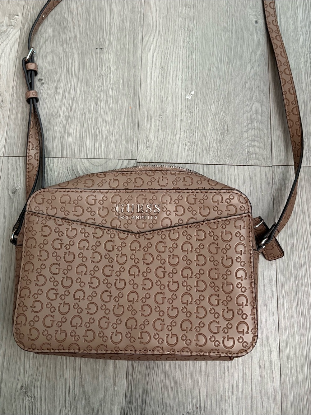 GUESS Taupe Logo-Print Crossbody Shoulder Bag